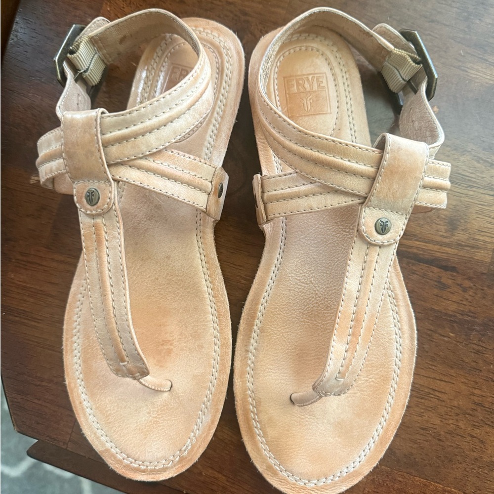 Frye Tan Leather Sandals T-Strap Design